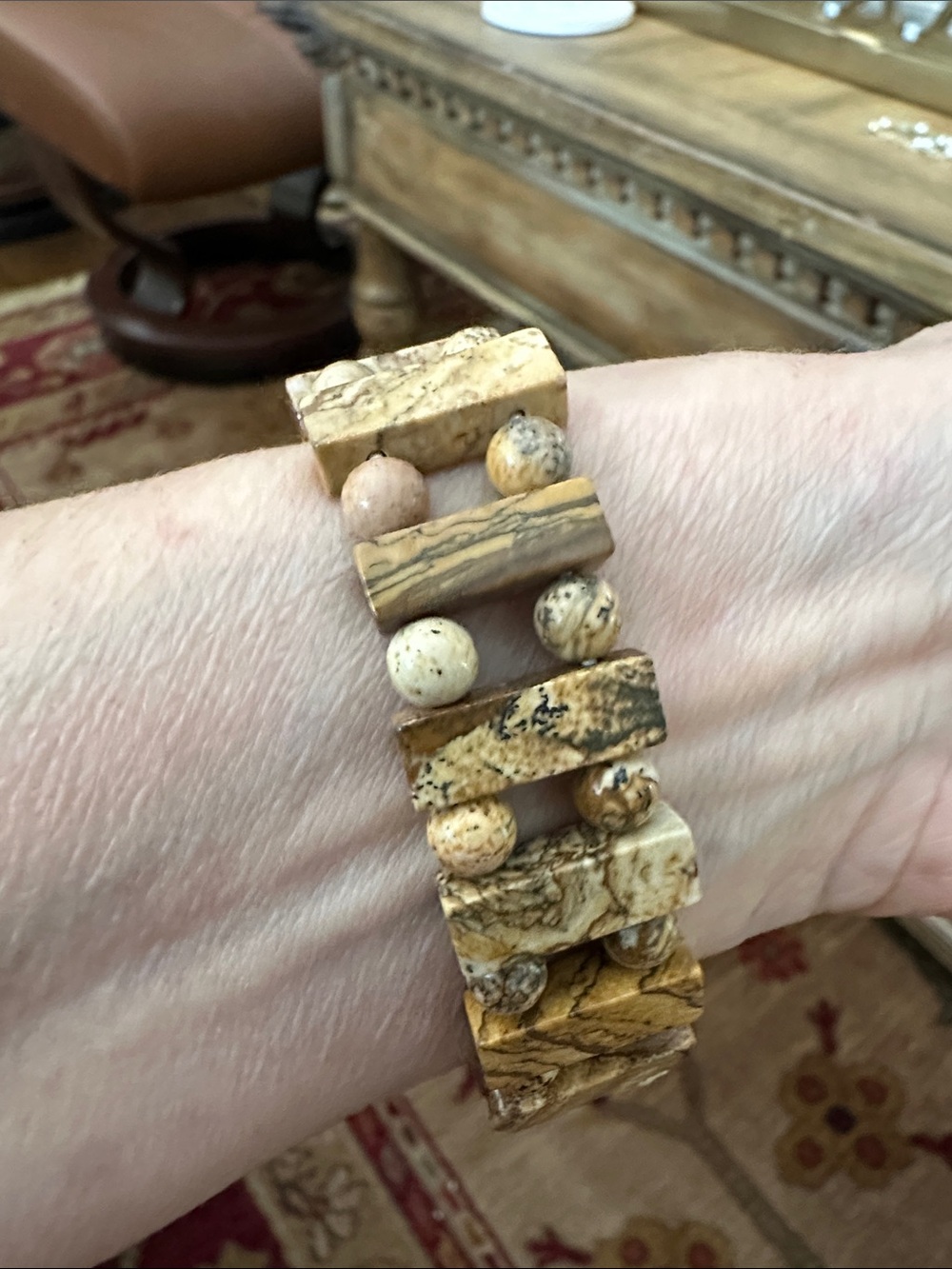 Earth-Tone Natural Stone Stretch Bracelet in Beige and Cream - Picture 2 of 4